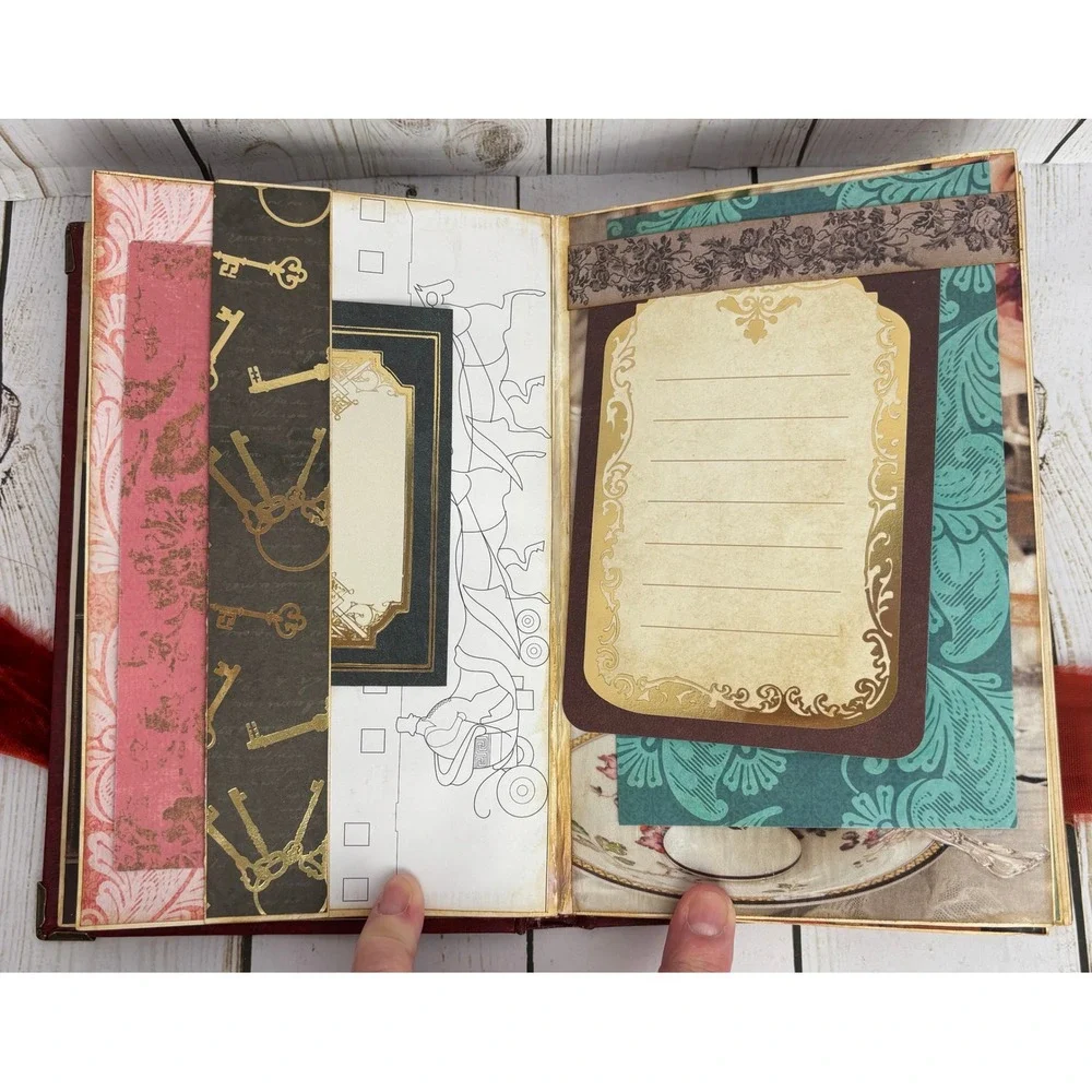 Handmade Regency Victorian Junk Journal Memory Keeper Red Gold Velvet Ribbon Tie